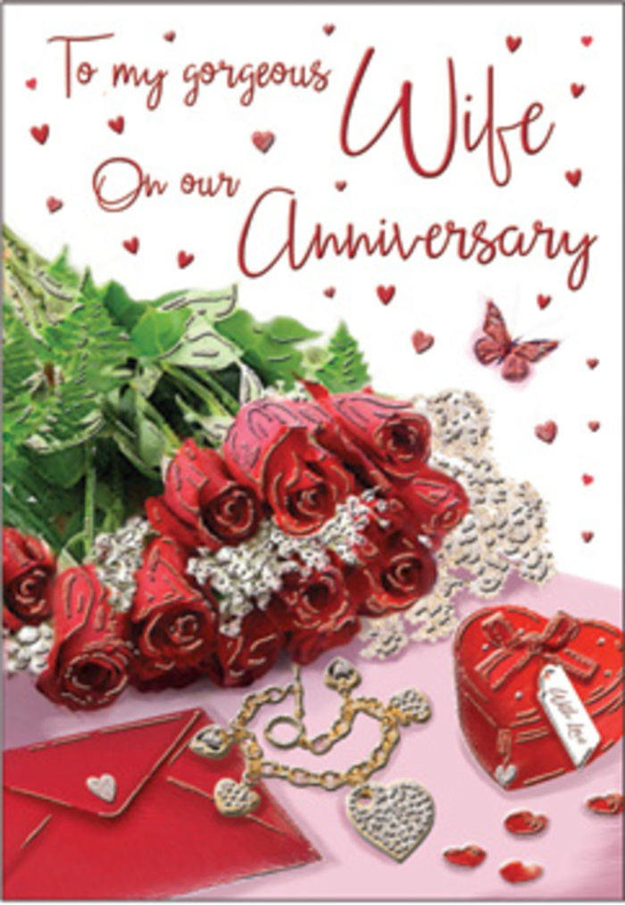 In this emotive anniversary card scene, a bouquet of classic red roses commands attention as the central motif, much like a showpiece arrangement in a Brockley Florist window along Brockley Road. Each rose is luxuriously full, petals overlapping in deep crimson layers that create a sense of volume and softness. The flowers are elegantly gathered and partially wrapped, their stems hidden yet implied, while strands of lush green foliage weave between the blooms, enhancing the impression of natural abundance. Around the roses, delicate design elements unfold like chapters in a love story. A whisper-thin lace detail peeks from beneath the arrangement, its fine pattern echoing the intricate weaving of two lives over time. Nearby, a vivid red box and a matching jewellery set rest among subtle heart motifs, their smooth, polished surfaces and metallic glints suggesting treasured gifts exchanged across many anniversaries. The card's scripted message is rendered in graceful, flowing calligraphy, curving gently through the image and linking the roses to the keepsakes in a continuous visual line. Heart shapes appear throughout-some embossed, some shimmering softly-guiding the viewer's gaze and reinforcing the romantic theme without overwhelming the design. The textures within the scene hint at velvet, gold, and silk, each catching the gentle light in different ways and contributing to an atmosphere of warmth and refinement. The colour palette is dominated by romantic reds, soft creams, and muted blush tones, reminiscent of late-evening celebrations after a stroll through Brockley's tree-lined streets. Every aspect of the composition, from the placement of the blooms to the glint of jewellery, evokes the comfort and richness of a love that has been nurtured over many shared seasons.