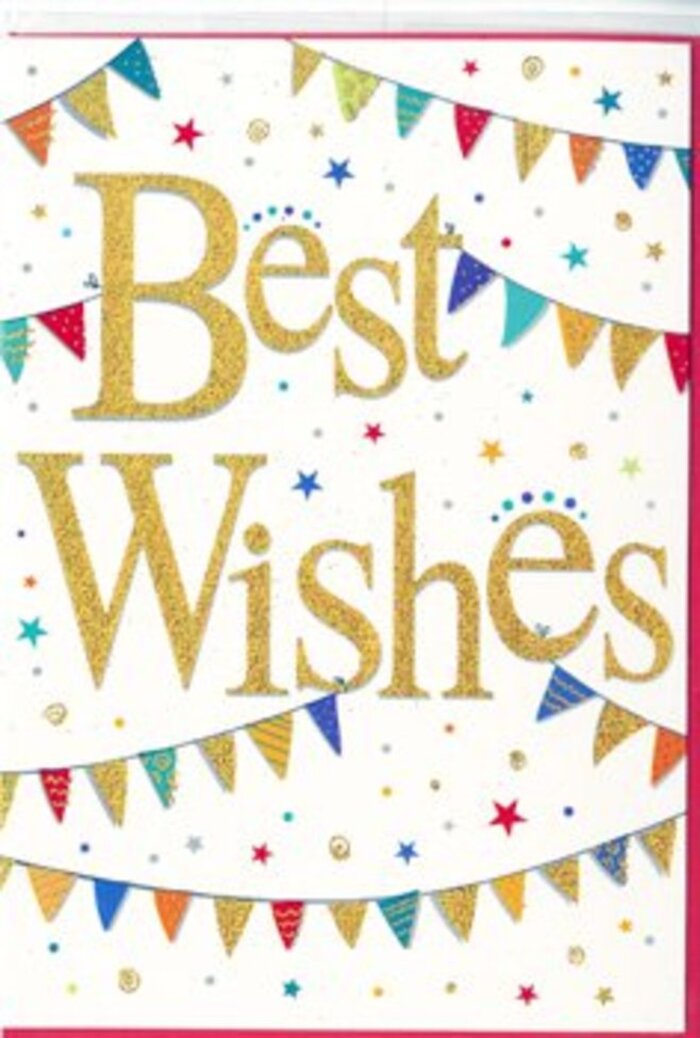This congratulations card feels like a small celebration in its own right, echoing the friendly, creative atmosphere of Brockley. The background is a smooth, bright white, reminiscent of freshly painted gallery walls, allowing every colourful element to stand out clearly. At the centre, the words Best Wishes are rendered in luxurious gold script, the metallic ink catching the light in such a way that the letters appear to gently glow, like late-afternoon sunshine drifting across Hilly Fields. The script flows with easy elegance, its slightly raised finish suggesting a tactile richness you might feel if you ran your fingers over the surface. Framing this message, arcs of bunting sweep in from both the top and bottom edges of the card, creating a soft, cradling effect. Each tiny flag is a splash of colour-deep blue, bright red, lively green, vibrant yellow, and playful pink-with some featuring fine stripes, delicate polka dots, or small mosaic-like patterns that hint at lovingly hand-crafted decorations. Scattered among the bunting, petite starbursts and confetti dots float gently over the white space, giving the impression of motion and laughter, as if someone has just shouted with joy at good news shared in a Brockley café. The composition is joyful yet uncluttered, with enough space for the golden message to remain the focal point. This card would make an ideal companion to a freshly arranged bouquet sent across Brockley, Crofton Park, or St Johns to celebrate a promotion, a new baby, or any personal milestone. Its overall feeling is one of warmth, encouragement, and genuine delight in someone else's success.