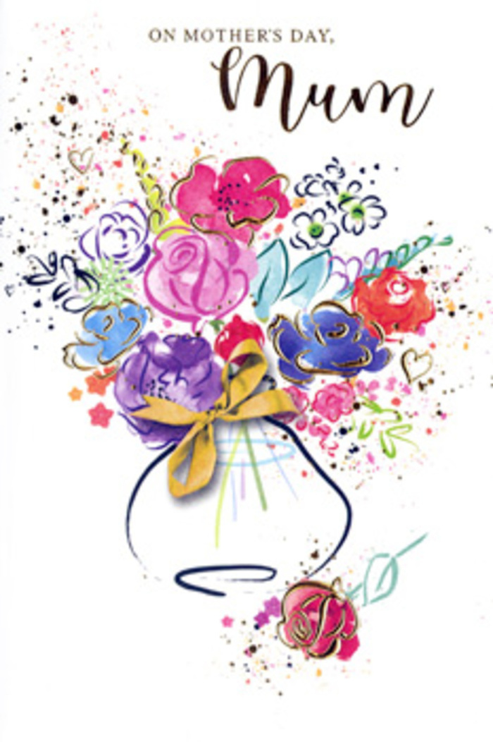 Expressive Mother's Day card design centred on a watercolour bouquet that looks like a florist's daydream painted onto paper, echoing the creative community of Brockley. At the heart of the image, plush cerise, bright fuchsia, and deep pink blossoms cluster together, their forms created by overlapping swirls of pigment and anchored by confident strokes of indigo that hint at petals and contours. Surrounding these central blooms, veils of lavender, sky blue, and soft lilac drift and blend, suggesting supporting flowers and foliage that soften the overall look. Fine filaments of gold ride along the edges of some petals and leaves, catching the eye with a quiet sparkle that stands out against the untouched white card, like the glimmer of sunlight slipping between trees on Brockley's residential streets. Scattered across the background are whimsical paint splatters and simple heart motifs, creating a sense of movement and joy, as though petals and confetti were caught mid-air during a celebration. The stems gather into a rounded vase at the base, painted in muted tones and adorned with a neat golden bow that recalls the careful bow a florist might tie before a Mother's Day bouquet travels across SE4. The card's mood is both lively and tender, mirroring the mix of energy and reassurance found in many Brockley homes. It speaks of early-morning cups of tea, school-gate chats, and late-night advice, all distilled into a single floral gesture. This is a keepsake-style image-a bouquet that will never fade, holding the enduring gratitude a child feels toward their mum.
