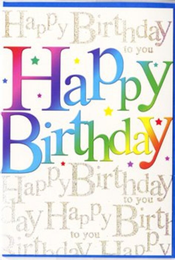 This birthday card design carries the upbeat, artistic energy that feels right at home in Brockley, as if it belongs on a display beside fresh bouquets and handmade gifts. The central focus is the phrase Happy Birthday, written in generous, rounded letters that appear almost hand-painted, each one dressed in a ribbon of rainbow colour. The gradient travels smoothly from rich berry reds into bright citrus oranges, slips through rosy pinks and lavender, and then opens into cool turquoise, deep green and warm yellow, creating a harmonious spectrum reminiscent of the varied front gardens you pass around Tyrwhitt Road and Adelaide Avenue. Behind this joyous wording, the entire background is filled with slender lines of shimmering gold script. The phrase Happy Birthday to you repeats in a flowing, cursive hand, forming a gentle pattern that hums beneath the bold letters like a quiet chorus under a lead vocalist. The metallic ink gives off a soft glow-more of a warm halo than a glittery flash-particularly where the light touches it at an angle, similar to late-sun highlights on the rooftops around Brockley Cross. Lightly scattered around the main text are small stars and colourful speckles, playfully placed so they feel like confetti drifting to the ground after a cheer. The card's finish appears smooth with a subtle sheen, lending the colours depth while keeping the overall design sophisticated rather than gaudy. There's a thoughtful balance here between fun and polish, making it the sort of card you'd be proud to tuck alongside a hand-tied bouquet from Brockley Florist before walking down to a birthday gathering in a nearby flat or garden.