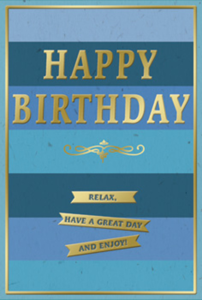 The photograph presents a birthday card whose design marries modern simplicity with a gentle, classic charm, much like the creative corners of Brockley itself. The card face is laid out in wide horizontal stripes of blue, each stripe a distinct tone that shifts gradually from rich navy at the top through cooler denim and teal shades toward a pale, almost powdery blue at the bottom. These layered bands evoke the calming feel of looking up at the evening sky above the Victorian terraces near Brockley Station, layered yet harmonious. Centred on this blue backdrop, the phrase HAPPY BIRTHDAY appears in bold, embossed gold capitals. The letters are slender and refined, their metallic foil catching the light at subtle angles so that the message seems to glow rather than shout. You can almost imagine the slightly raised texture beneath your fingers, cool and smooth, like the surface of a high-quality invitation. Nestled just below, a slim golden flourish stretches horizontally-a symmetrical, curling line that adds a hint of vintage elegance, as if borrowed from an old-fashioned calligrapher's sketchbook. At the lower third of the card, three neatly stacked gold banners resemble delicate ribbons gently pressed onto the blue surface. Each one carries a line of text that feels like a personal reminder: Relax, have a great day and enjoy! The tone of the message is easy-going and kind, echoing the relaxed pace of a stroll through Hilly Fields on a birthday afternoon. A narrow gold border outlines the entire rectangle, containing the design and guiding the eye back to the central greeting. The contrast between the velvety blues and the shining gold gives the card depth and presence, making it an ideal accompaniment to a thoughtfully arranged bouquet from Brockley Florist, ready to bring a soft, joyful glow to someone's special celebration.
