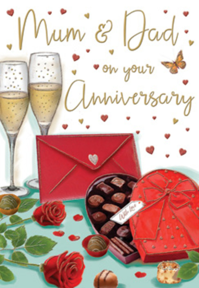 This richly detailed anniversary card illustration feels like a romantic still life set in a Brockley living room, perhaps just after flowers and gifts have been delivered from a trusted local florist. The composition is anchored by two champagne flutes that stand gracefully side by side, their slim stems and gently curving bowls carefully outlined. The glasses are filled with luminous golden champagne, and the artist has captured each effervescent bubble as it rises through the liquid, creating a sense of motion and anticipation, as though a toast to lasting love is only a moment away. In front of them, a sumptuous heart-shaped box of chocolates commands attention with its deep red hue and dramatic satin bow. The lid is partially lifted, revealing a tempting array of chocolates nestled inside, their dark surfaces catching the same soft light that bathes the whole scene. A few chocolates rest on the tablecloth, suggesting a relaxed, shared moment between two people who know each other's favourites. To the side, two lush red roses lie on a bed of fresh green leaves. Their petals are thick and velvety, arranged in tight spirals that gradually unfurl, just like the premium stems chosen for anniversary orders leaving Brockley Florist on Coulgate Street. The greenery introduces a natural, grounded element, balancing the luxurious reds and golds. Around the central elements, tiny hearts in shades of gold and crimson float like confetti, framing a gentle Mum & Dad message that speaks of family affection and gratitude. A neatly sealed scarlet envelope rests at the bottom of the scene, promising heartfelt words penned by children or grandchildren. The warm, glowing tones create an atmosphere of intimacy, celebration, and appreciation for a love that has grown deeper over time.