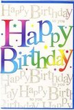 The image shows a birthday card whose front captures the joy of a Brockley celebration in a single, colourful sweep. At the centre, Happy Birthday is written in bold, curving letters that seem to glow from within, filled with a velvety rainbow gradient. The colours transition from dark cherry and ruby through vibrant orange and coral, slip into fuchsia and magenta, then wash into cooling shades of blue and green before ending in a rich, sunny yellow-a spectrum that feels as lively as the weekend buzz around Brockley Market. Behind this prominent greeting, the background is alive with delicate golden handwriting, the phrase Happy Birthday to you repeated in consistent lines of neat, looping cursive. The metallic gold ink catches the light softly, giving a gentle shimmer that complements rather than competes with the vivid central lettering, like strings of warm fairy lights against a twilight sky. Scattered across the design are tiny starbursts and confetti-like dots in bright corresponding hues, subtly placed so they add to the sense of motion and festivity without cluttering the space. The card's surface looks sleek and lightly glossy, hinting at a smooth touch and making the layered colours and gold script feel slightly raised and tactile. Overall, the card balances a youthful, party-ready brightness with an elegant, polished finish, ideal for slipping into a gift bag alongside flowers or a bottle of something special before heading along Brockley Road or up to Hilly Fields for a birthday get-together.