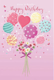 A playful yet elegant birthday scene is depicted here, as if crafted for someone living along the leafy streets of Brockley. At the top, a joyful cluster of balloons rises in pastel hues of soft pink, seafoam green, lemon yellow, and lilac, gently glowing as though lit by mild afternoon sun over Hilly Fields. Each balloon is decorated with its own cheerful design: some swirl with candy-like stripes, others sparkle with tiny polka dots, and a few carry delicate floral and swirl motifs that give the artwork a hand-drawn charm. A heart-shaped balloon nestles near the centre, suggesting affection and warm birthday wishes. Tethered to this airy gathering is a hand-tied bouquet of flowers resting at the base, its blooms full and close together. The petals are shaded in creamy ivory, blush pink, and soft mauve, reminiscent of little roses and anemone-style flowers that have just been arranged by a careful florist. You can almost imagine the gentle, sweet scent, like passing a fresh delivery outside a shop on Brockley Road. A smooth purple satin bow holds the stems, its gleam catching the same soft light that bathes the rest of the scene. The background is a soothing pink canvas scattered with tiny stars and butterfly-like shapes, adding a whisper of fairy-tale magic, as though confetti is suspended mid-air. The whole composition feels light, festive, and heartfelt, perfectly capturing the mood of a birthday card accompanying a bouquet delivered across Brockley, Crofton Park, or St Johns to brighten someone's special day.