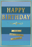 This elegant birthday card is shown standing upright, its blue and gold artwork creating a scene of calm celebration that feels perfectly at home in a Brockley sitting room flooded with soft daylight. The surface is divided into broad, horizontal blue stripes that descend in a measured gradient: a dark navy band anchors the top, followed by bands of muted denim, cool teal, and, finally, a light, gentle sky blue at the base. These variations in tone give the background depth and a sense of quiet movement, much like watching clouds drift over the rooftops around Brockley Road. Positioned prominently across the middle, the words HAPPY BIRTHDAY are embossed in gleaming gold foil. Each capital letter is tall and crisp, their metallic finish reflecting the imagined light in delicate highlights rather than harsh flashes. The embossing adds a tactile richness, suggesting that the letters would stand slightly proud under a fingertip. Directly below this central greeting, a slim golden flourish curves in a symmetrical pattern, like a fine line of penwork on a traditional invitation. Further down the card, three narrow gold banners step neatly one beneath the other, each ribbon carrying a warm, straightforward sentiment: Relax, have a great day and enjoy! The trio of messages reads like a gentle instruction to pause, breathe, and make space for pleasure amid everyday life. A fine gold border runs around the edge of the card, framing the composition and lending a sense of completeness. The interplay between the smooth, matte blues and the reflective gold accents suggests a card chosen with care, ready to be paired with fresh birthday flowers delivered locally in Brockley to create a small but meaningful moment of happiness.