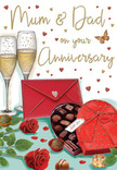 The anniversary card shown here paints a tender celebration scene, as if set on a carefully cleared table in a Brockley kitchen after a leisurely walk along the Brockley corridor. At the top of the image, two tall champagne flutes draw the eye, their slender silhouettes leaning subtly towards each other. Each glass is filled with soft golden champagne, illuminated as if by candlelight, with a fine spray of bubbles dancing upward and giving the entire scene a gentle sparkle. Below the flutes, a heart-shaped chocolate box in rich, romantic red takes pride of place. A large bow in matching scarlet satin seems to spill over the lid in elegant curves, while the open box reveals rows of perfectly arranged chocolates, with a few delectable pieces thoughtfully placed nearby. To the side, two vibrant red roses lie nestled in a cluster of glossy green leaves, their layered petals appearing almost touchable, like the kind of roses that arrive fresh from a Brockley florist's morning delivery. They lend the image a lush, natural beauty, hinting at their familiar, sweet scent. Across the soft, warm background, delicate heart motifs in gold and crimson drift and scatter around a loving Mum & Dad greeting, creating a sense of affectionate energy and family closeness. At the bottom of the illustration, a bright red envelope lies slightly askew, sealed and waiting to be opened, suggesting a personal message filled with memories and thanks. The overall effect is warm, romantic, and inviting, celebrating not just the date on the calendar but the shared moments, laughter, and quiet evenings that define a long and loving relationship.